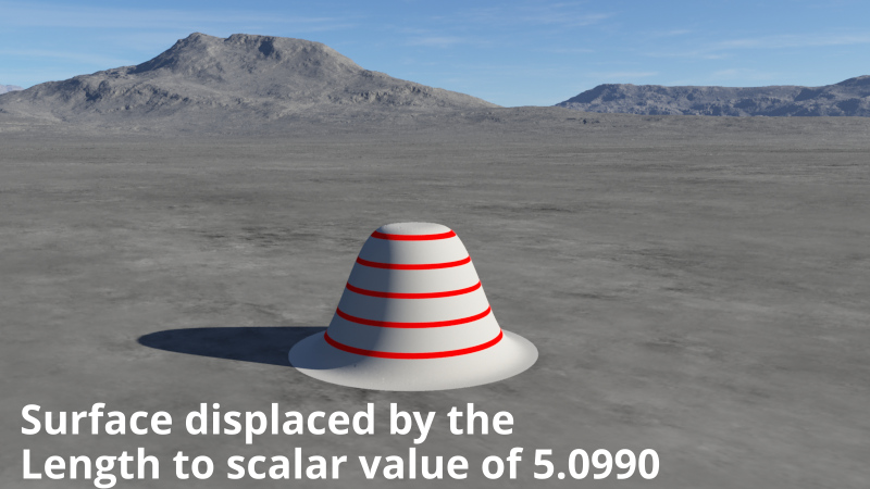 Render showing the displacement caused by the value of the Length to scalar node.