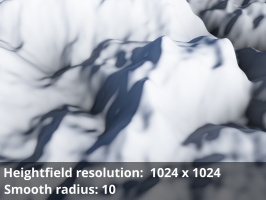 Heightfield resolution 1024 x 1024. Smooth radius = 100.