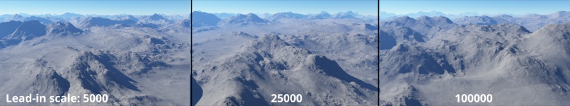 Lead-in scale values on terrain at 5000, 25000, and 100000 metres.
