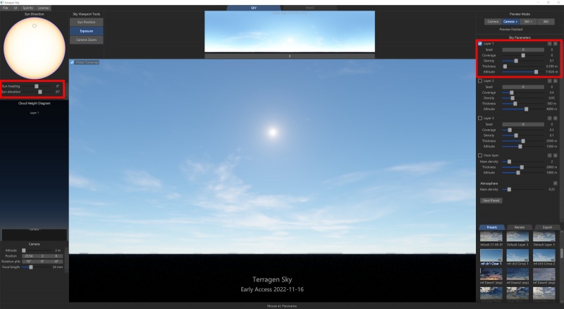 The sun repositioned in the Viewport and Layer 1 density increased.