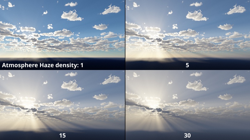Comparison of sky as the Atmosphere’s Haze density is increased.