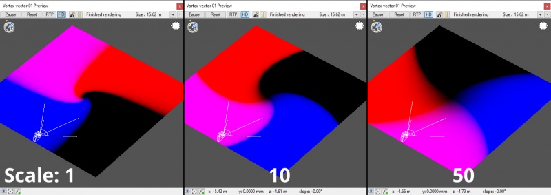 3D Preview pane view shows how the area effected by the vortex effect increases as the value is raised.