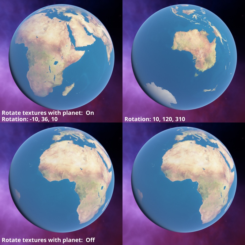 Rotate textures with planet on and off.