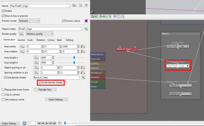 Two Population nodes sharing the same node for their Density shader input.  Invert density shader is enabled on the second population.