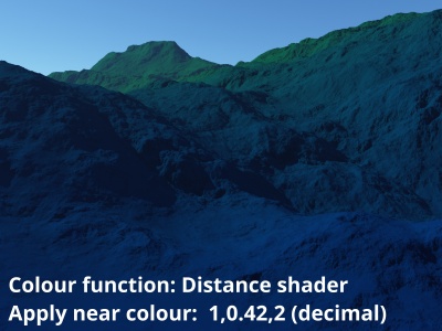 In this example, a Distance shader provides a gradient between white (1.0) at its Apply far colour value and pink (sRGB decimal equivalent of 1,0.42,2.0) at its Apply near colour value.  When multiplied with the Apply colour’s green values the result is a green to blue gradient.