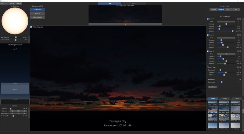 Terragen Sky UI with Dawn preset loaded.