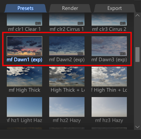 Sunrise presets included in Terragen Sky.