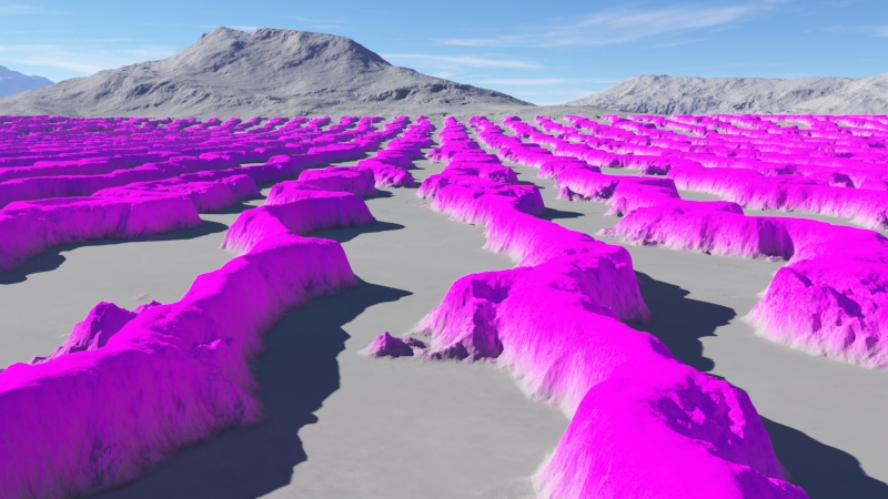 Render showing the effect of the Fractal warp shader as a mask for surface displacement.