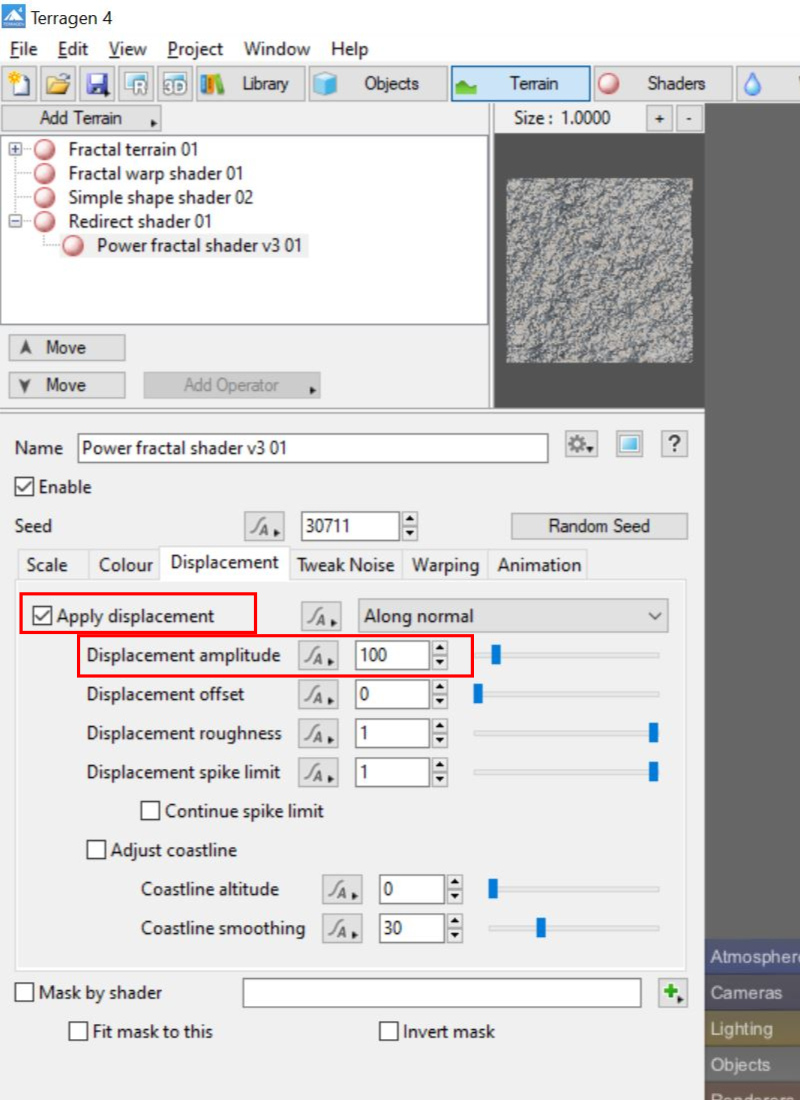 Step 07 - Adust the Power fractal shader’s Displacement tab settings.