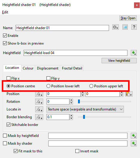 Heightfield shader Location tab