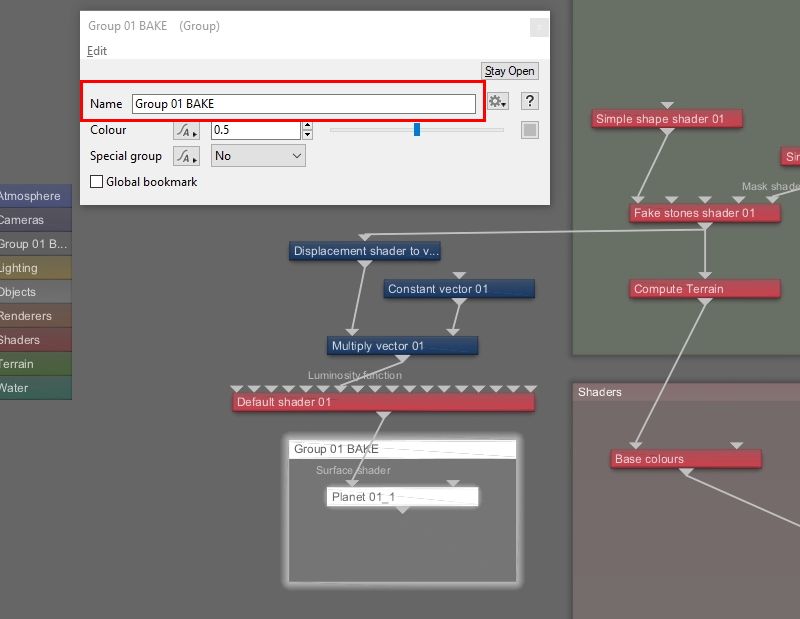 Group the new Planet node to itself, so that we can assign the group in the Render Layers setting.