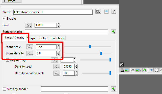 Use the Stone scale and Stone density values to control the size and spacing of the stones.