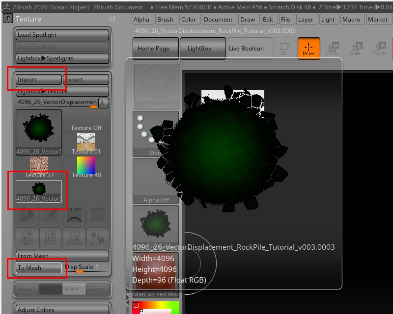 Click the Import button and load the vector displacement EXR file created in Terragen.