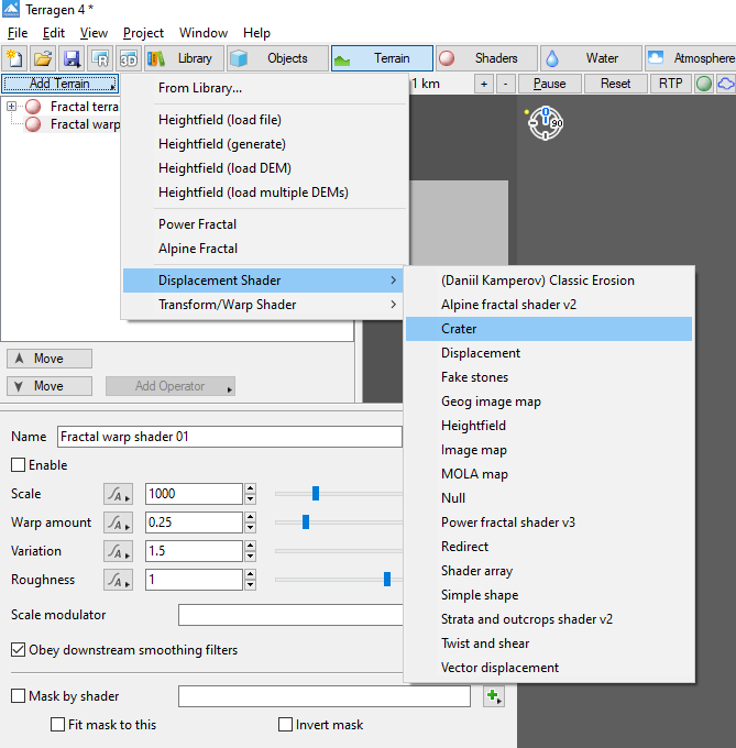 Add a Crater shader to your project via the “Add Terrain” button, then selecting Crater shader from the Displacement Shader submenu.