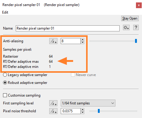 Pixel Sampler window showing anti-aliasing value set to 8, and the maximum number of possible samples, 64.