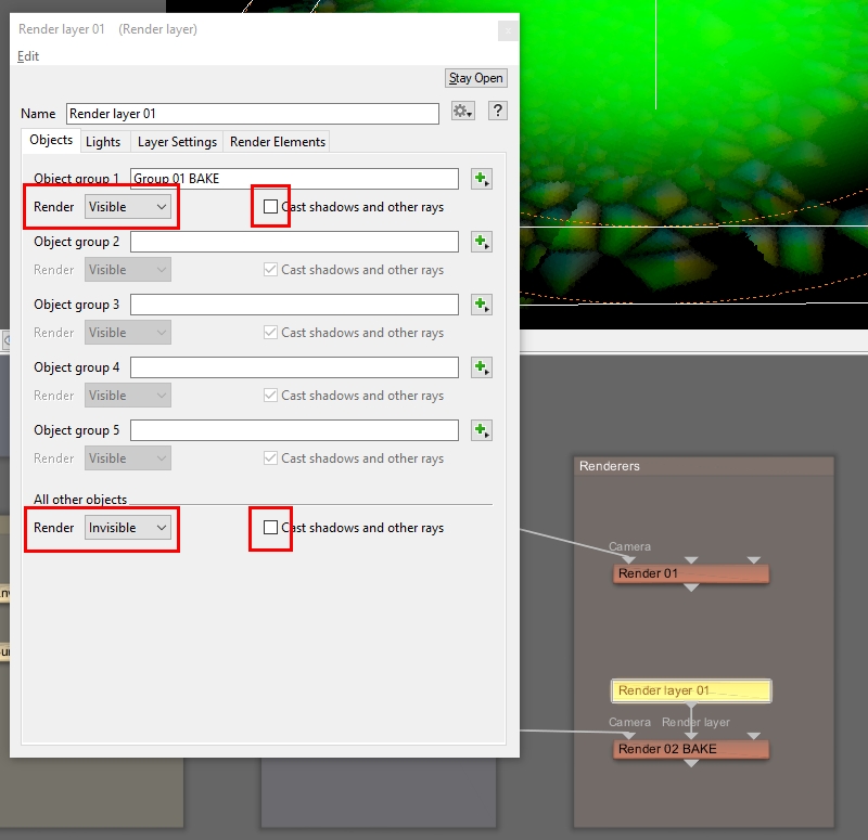 Object group 1 is visible and all other groups are invisible.  Cast shadows and other rays are unchecked for all groups.