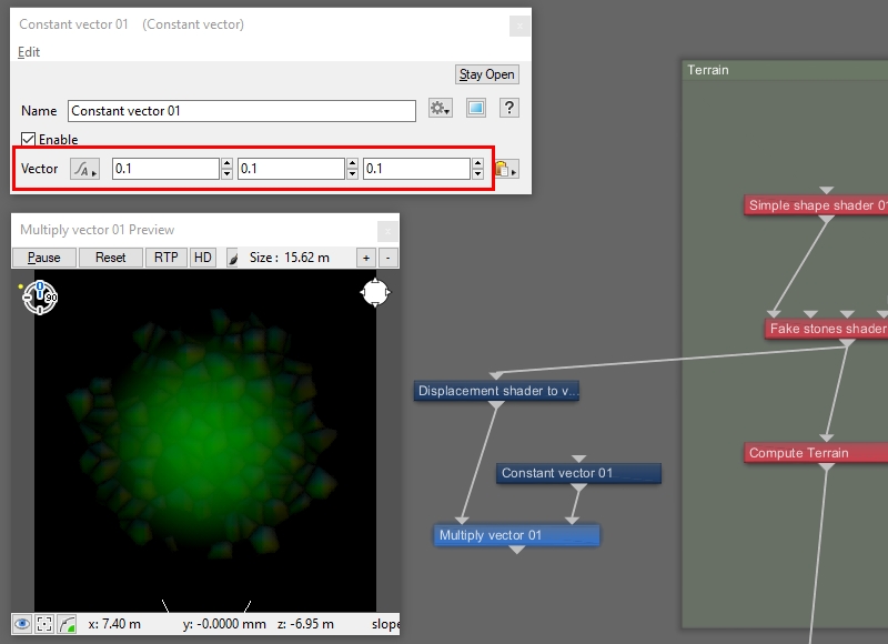 Each of the Constant vector’s component values are multiplied by the vector displacement values.