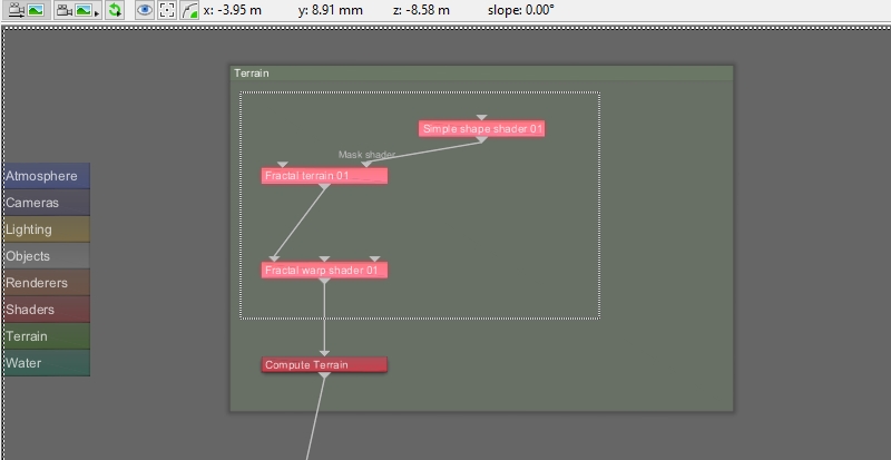 Left click in the Terrain group and select the three nodes that displace the terrain.