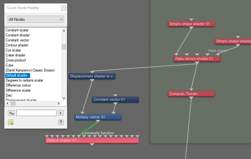 Add a Default shader to the project and connect the output from the Displacement shader to the vector node to the Luminosity function input.