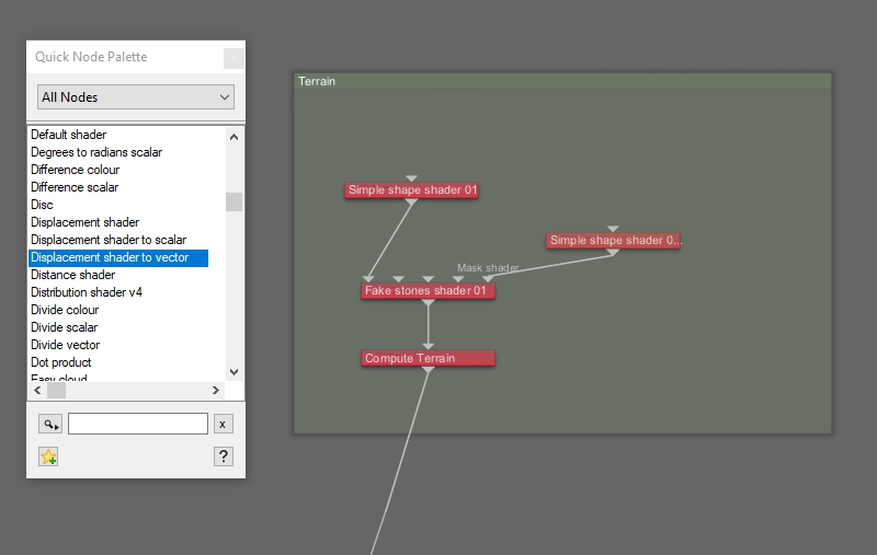 Uset the Quick Node Pallette to add a Displacement shader to vector node to the project.