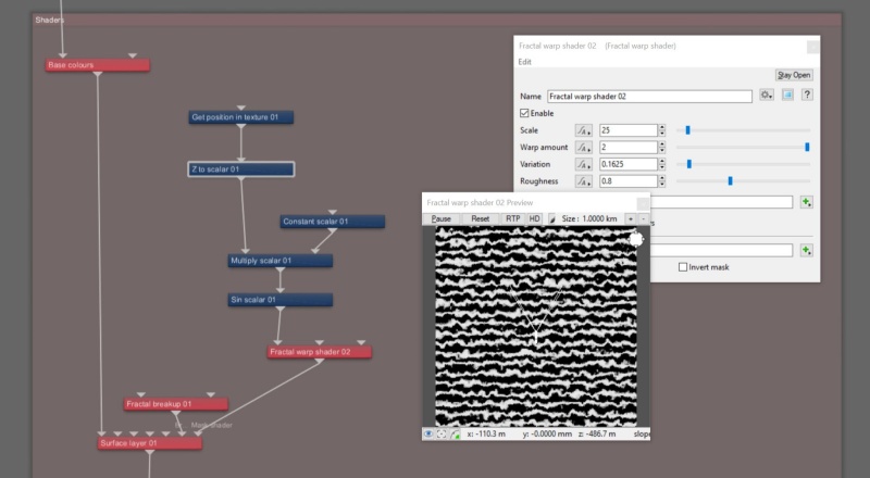 A Fractal warp shader node is used to create more interesting and organic shapes from the straight rows.