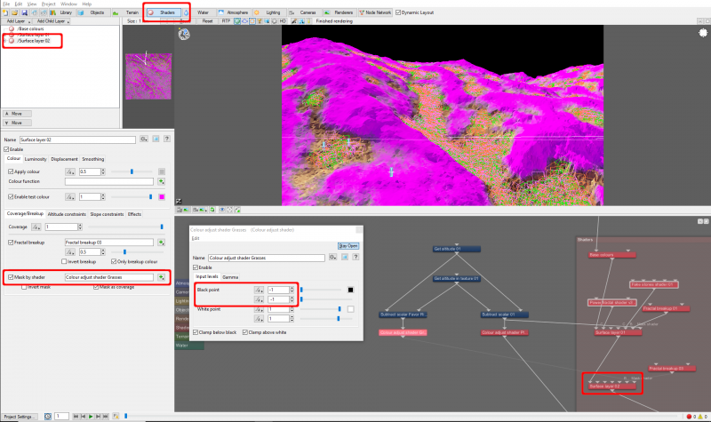 Assigning the Colour adjust shader to the Surface layer and enabling its Test Colour shows us where the grass will be.