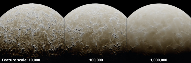 Feature scale values on planet at 10,000 metres, 100,000 metres, and 1,000,000 metres.