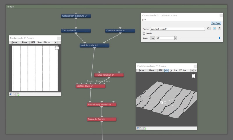 Node network view of the Modular scalar node receiving the X axis position values via its Main Input and performing the division operation based on the Constant scalar node assigned to its Input 2 setting.