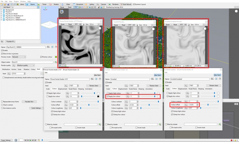 On the left is the original fractal pattern, in the middle is the inverted fractal, and on the right the colour offset value is modified slightly.