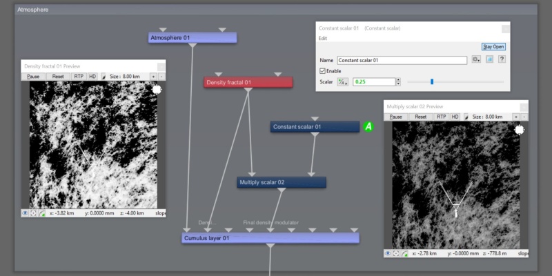 Node network view illustrating the use of the Multiply scalar node to adjust the Final density of a cloud layer.