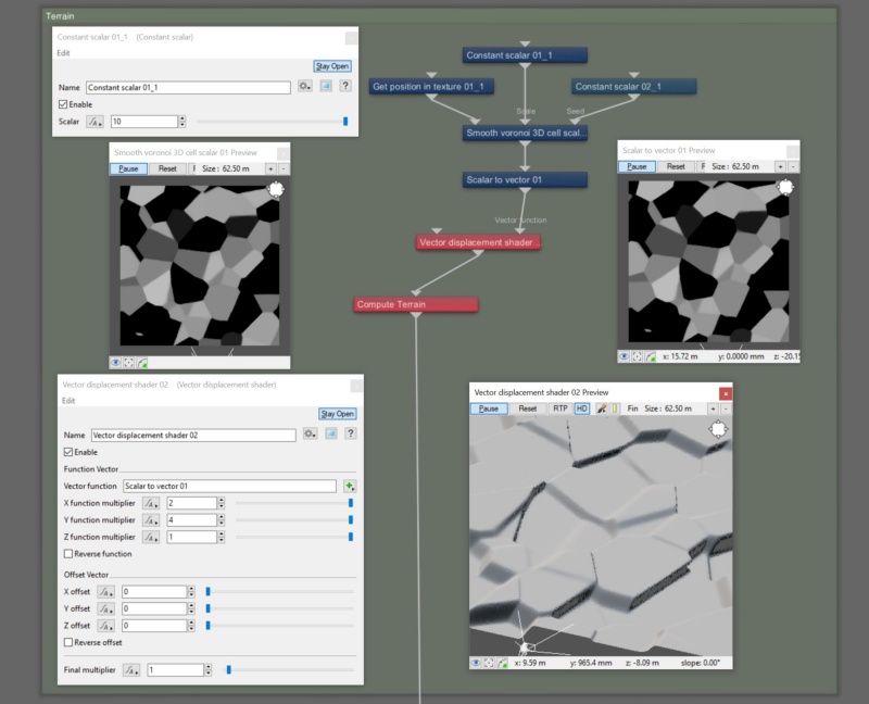 Node network view of Smooth voronoi scalar function node assigned to Scalar to vector node, then displaced with Vector displacement shader.