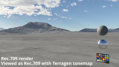 Terragen default scene, rendered and viewed in Rec 709 colour space.