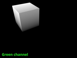 The green channel or Y axis of the ground and uv mapped cube object with the Visualise tex coords node enabled.