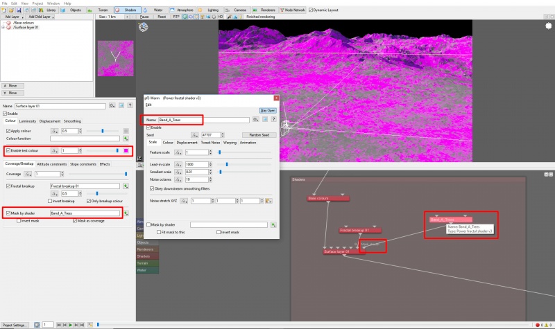 Connect the output of the Power Fractal shader to the Surface Layer's Mask by shader input