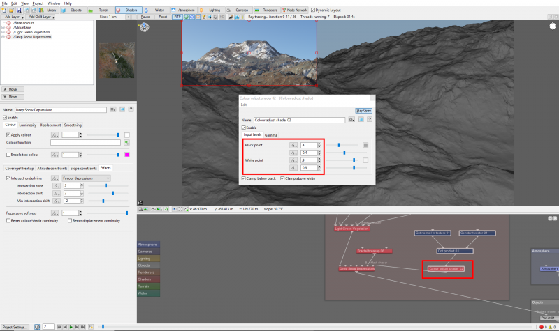 Use the Adjust colour shader to refine the location of the snow by refining the mask that limits the snow.