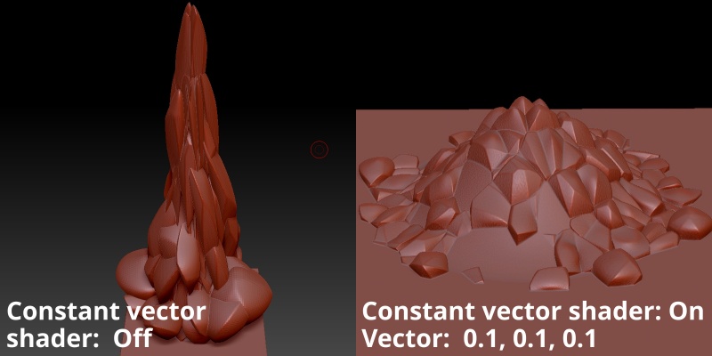 The output of the vector displacement shader with and without the Muliply vector and Constant vector function nodes and imported into Zbrush.