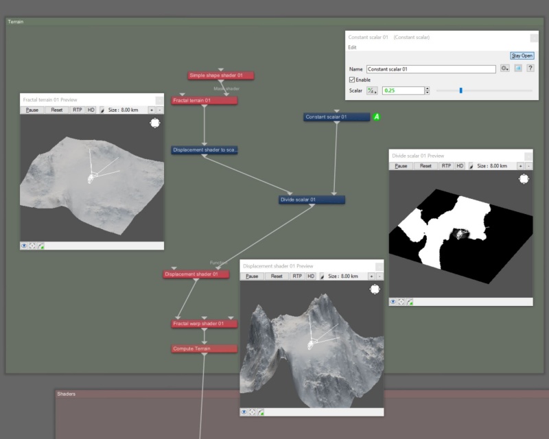 Node network view, using the Divide scalar node to adjust the height of the Terrain.