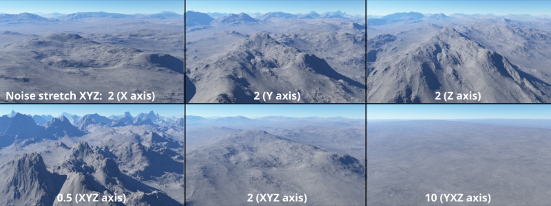 The fractal noise pattern can be stretched along any or all of its axis via the Noise stretch XYZ setting.