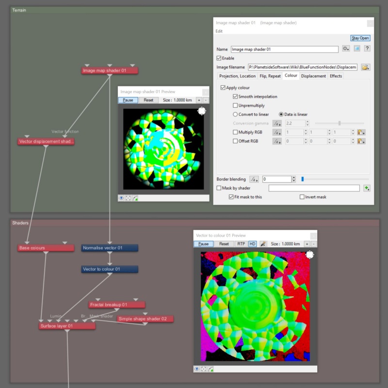 Node Network view illustrating the vector data supplied by an EXR file both displacing and colouring the planet surface.