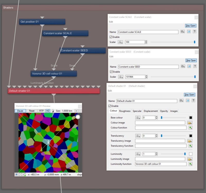 Node Network view of Voronoi 3D Cell Colour with required node for position in texture space, and optional nodes to drive scale and seed values.