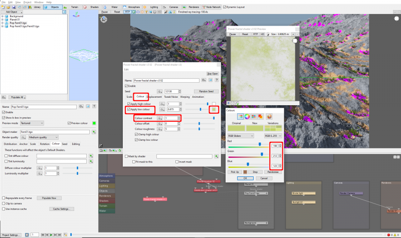 Use a Power fractal shader to set the tinting values for the instanced plant objects.