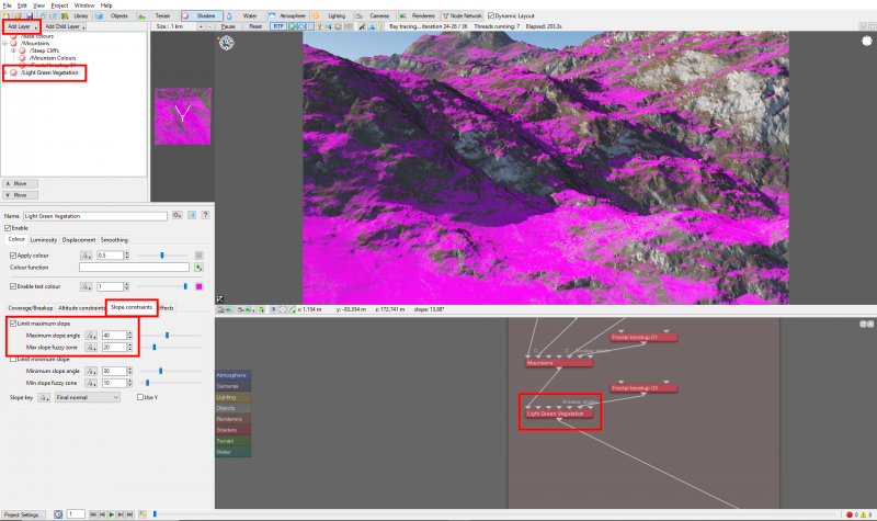 Using the Slope constraints, define the areas where vegetation can exist.