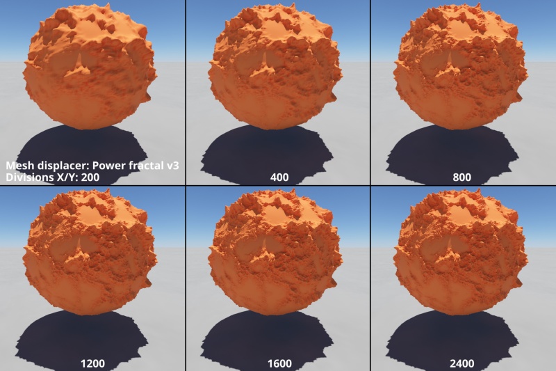 Poly sphere mesh displaced by Power fractal v3 shader.  As the object’s divisions are increased and more polygons are available for displacement, the finer displacement details begin to emerge.