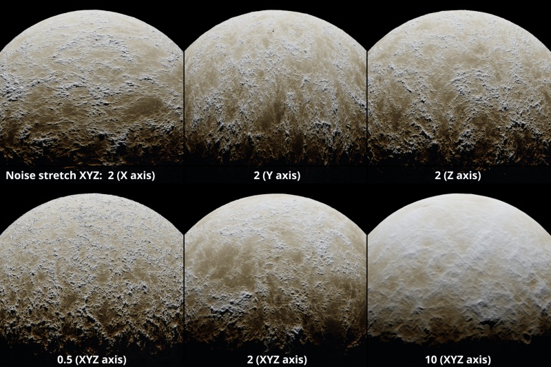 The fractal noise pattern can be stretched along any or all of its axis via the Noise stretch XYZ setting.