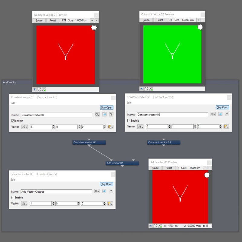 When Input 2 is disconnected, the Main Input vector values are passed through.