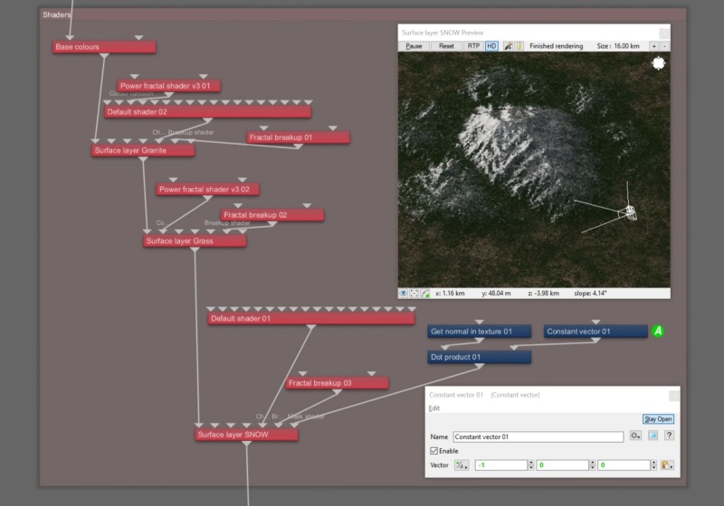 Node network view of the Dot product set up to isolate snow to a specific side of the mountain terrain.
