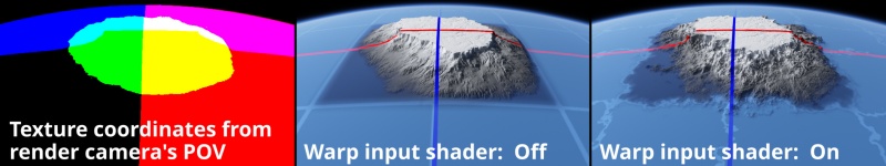 The texture coordinates as seen from the render camera’s point of view, followed by the unwarped landscape, and then the result of warping via a Power fractal shader.   Note that the red and dark blue axis lines are not affected by the warp as they are located downstream from the Warp input node.