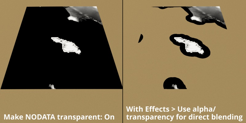 When replacing the NODATA values with transparent values, you can use the direct blending setting under the Effects tab.