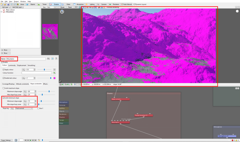 The Slope constraints limit where the Surface layer will show up on the terrain.