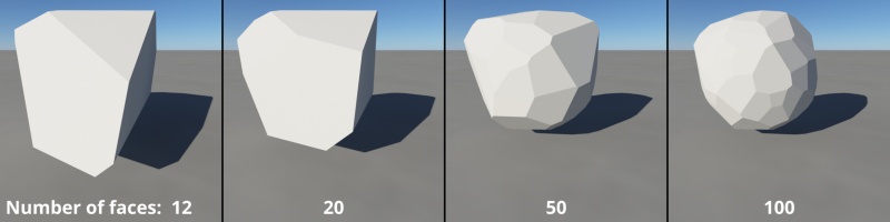 Increasing the Number of faces setting increases the number of polygons used to define the rock.